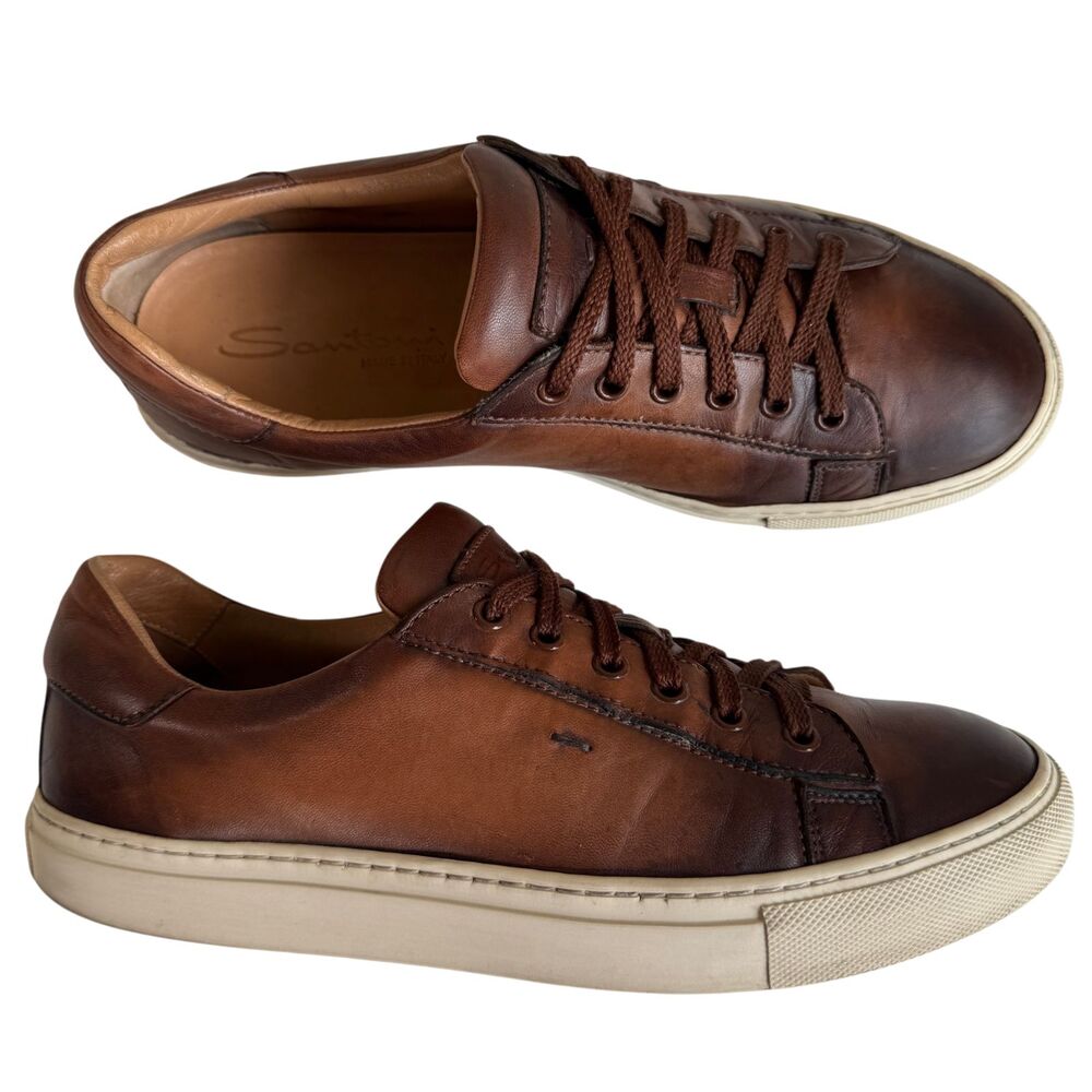 Santoni Low Top Sneakers Brown Leather Casual Shoes Men's Size 9 D Made ITALY